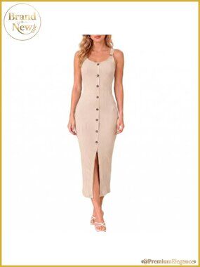Ribbed Bodycon Midi Dress Sleeveless Button Front Slit Summer Club Dress